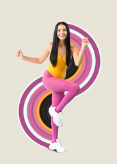 Wall Mural - Poster with sporty young woman doing aerobics on light background