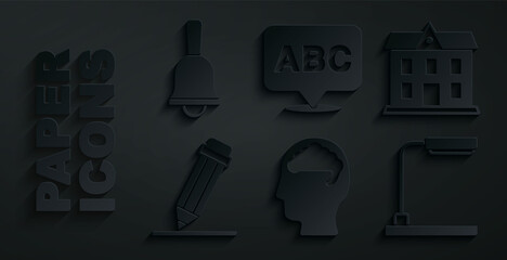 Sticker - Set Human brain, School building, Pencil with eraser, Table lamp, Alphabet and Ringing bell icon. Vector