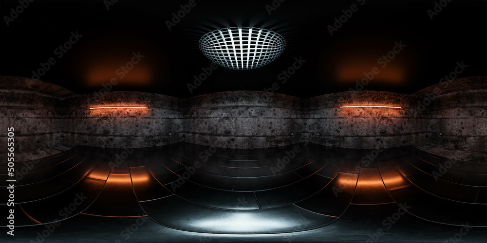 360 degree full panorama environment map of dark concrete cellar ...