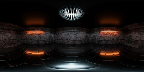 Poster - 360 degree full panorama environment map of dark concrete cellar basement underground hall 3d render illustration hdri hdr vr virtual reality
