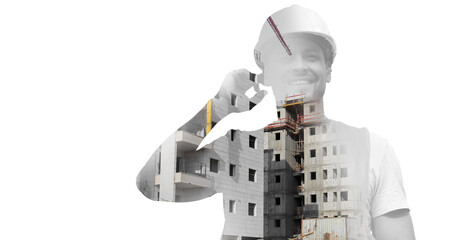 Wall Mural - Double exposure of architect and building on white background