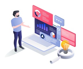 Poster - Isometric flat illustration concept. man showing investment business analysis