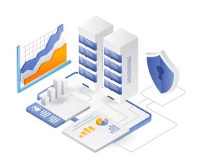 Poster - Flat isometric illustration concept. server data security analysis