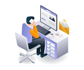 Poster - Flat isometric illustration concept. man on the phone in front of the computer
