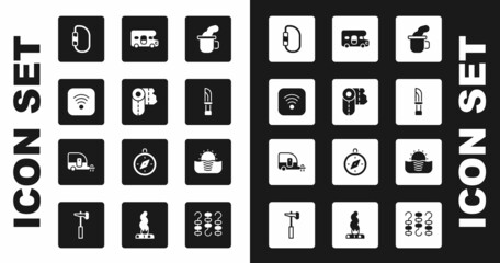 Sticker - Set Cup of tea, Paper towel roll, Wi-Fi wireless internet, Carabiner, Knife, RV motorhome vehicle, Sunrise and Rv Camping trailer icon. Vector