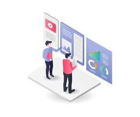 Aufkleber - Flat isometric illustration concept. two people control the data analysis monitor