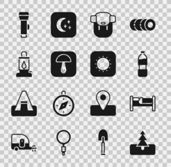 Wall Mural - Set Tree, Bed, Bottle of water, Hiking backpack, Mushroom, Camping lantern, Flashlight and Sun icon. Vector