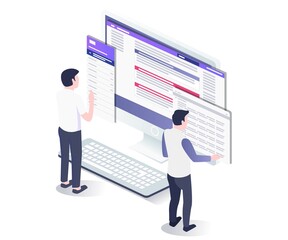 Poster - Flat isometric illustration concept. two men working analyzing data on a computer