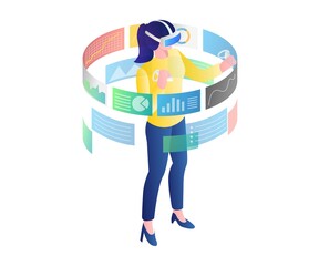 Aufkleber - Flat isometric illustration concept. girl analyzing data with vr