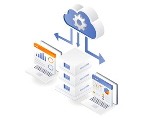 Wall Mural - Flat isometric illustration concept. cloud server maintenance process