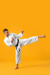 Wall Mural - Man practicing karate on yellow background