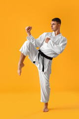 Wall Mural - Man practicing karate on yellow background