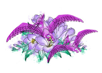 Vector illustration of a beautiful lily flower with purple pterodactyls on it