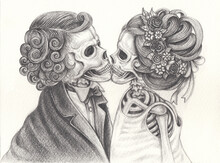 Art Wedding Couple Kiss Skulls. Hand Drawing On Paper.