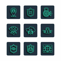 Sticker - Set line Shield and eye, System bug, with brick wall, Cyber security, on cloud, Eye scan, and icon. Vector