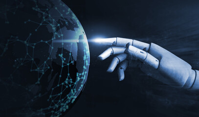 Poster - Robot hand artificial intelligence Ai pointing at word self learning improving development problem solving solution tasks of future technology, ai computer process power, futuristic blue background.