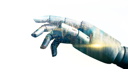 Poster - Robot hand artificial intelligence Ai self learning improving development problem solving solution tasks of future technology of innovation, Double exposure AI city scape futuristic world concept