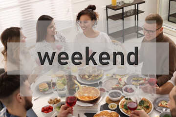 Wall Mural - Hello Weekend. Group of friends having brunch together at table indoors