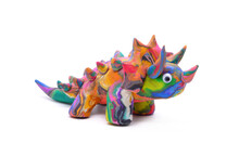 Cute Dinosaur Isolated On White Background. Handmade Colorful Dino (Triceratops Dinosaur) Play Dough For Kids DIY (Do It Yourself) Class