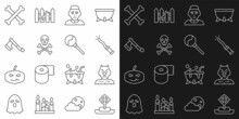 Set Line Tombstone With Cross, Krampus, Heck, Magic Wand, Priest, Skull Crossbones, Wooden Axe, Crossed And Lollipop Icon. Vector