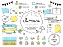 夏のビーチとシンプルな線画イラストフレームセット  / ひまわり,ビーチ,花,フルーツ / イラスト,ベクター,あしらい