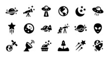 Astronomy And Space Icons Set On Black And White Design. 