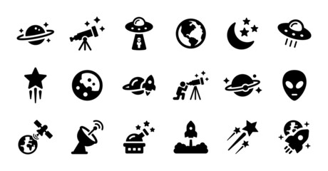 Poster - Astronomy and space icons set on black and white design. 