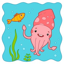 Cute Squid Underwater Cartoon. Squid Clipart