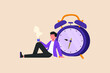 Sitting businessman with a cup of coffee beside alarm clock. Colored flat graphic vector illustration isolated.