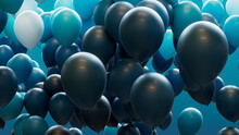 Navy Blue, Aqua And White Balloons Rising In The Air. Youthful, Party Background.
