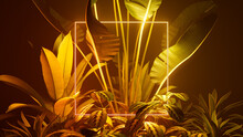 Tropical Leaves Illuminated With Orange And Yellow Fluorescent Light. Exotic Environment With Square Shaped Neon Frame.