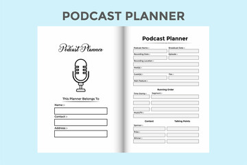 Poster - Podcast planner KDP interior log book. Daily podcast topic checker and information journal template. KDP interior notebook. Podcast hosting planner and guest information logbook interior.