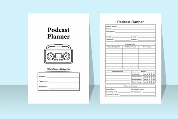 Poster - Podcast info tracker KDP interior. Podcast regular topic planner and sponsor list checker template. KDP interior notebook. Radio station regular activity tracker and guest information notebook.