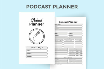 Poster - Podcast daily info checker KDP interior notebook. Podcast channel information tracker and scheduling logbook template. KDP interior journal. Radio station regular activity tracker notepad interior.