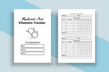 Poster - Supplement and vitamin notebook KDP interior. Patient regular medicine information checker notepad interior. KDP interior journal. Supplement and vitamin list tracker and scheduling logbook template.