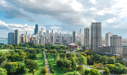 Fototapete - Chicago skyline aerial drone view from above, city of Chicago downtown skyscrapers cityscape bird's view from park, Illinois, USA