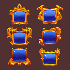 Poster - blue game buttons with gold fantasy frames. vector cartoon set of old glossy award badges, square ac