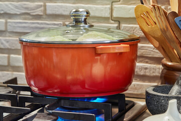 Poster - Leek, cabbage, radish, carrots and onions are cooked in pot on gas stove