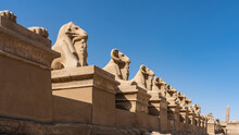 A Row Of Sculptures Of Sphinx-rams Against A Clear Blue Sky.  Statues Of Mythical Animals And Figures Of Pharaohs At Their Paws Are Visible. An Obelisk Is Visible In The Distance. Egypt. Luxor.
