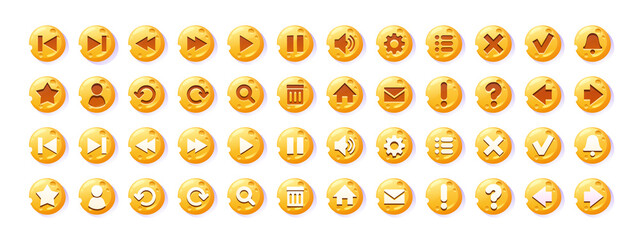 Poster - Circle buttons with cheese texture and symbols of search, mail, home, star, arrows, delete, check and cross mark. Vector cartoon set of web icons, ui elements for website or game user interface