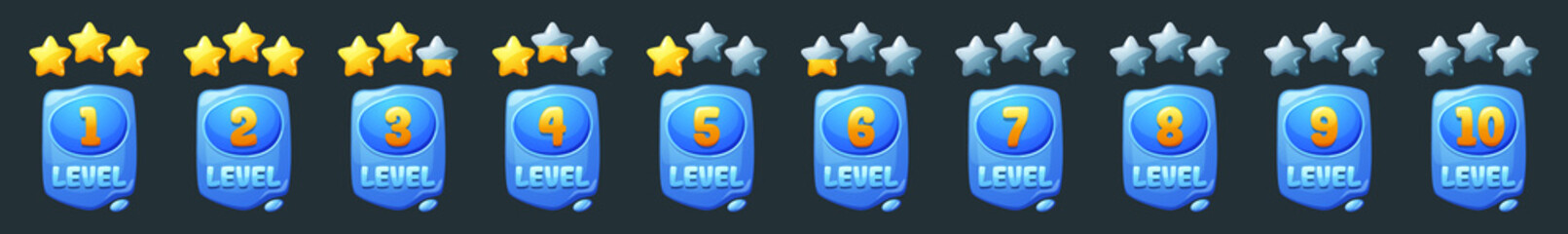 Poster - Game level blue badges with gold rating stars isolated on background. Vector cartoon icons set of achievement rank labels, liquid shape emblems with game level number and score