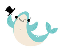 Comic Blue Shark With Fins Putting Off Top Hat Vector Illustration