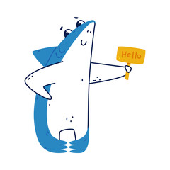 Sticker - Cute Blue Shark as Sea Animal Holding Plaque with Hello Word Vector Illustration