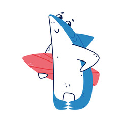 Poster - Cute Blue Shark as Sea Animal with Dorsal Fin Holding Surfboard Vector Illustration