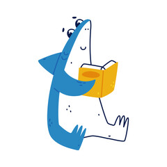 Sticker - Cute Blue Shark as Sea Animal Sitting and Reading Book Vector Illustration