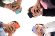 © Egoitz - Low angle view of teenager group using phones. Digital addiction and concept.