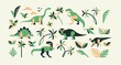 Collections dinosaurs, trees, leaves isolated on background. Colorful vector illustration jurassic in flat style.