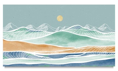 Mid century modern mountain art print. Abstract contemporary aesthetic backgrounds landscapes. illustration of mountain, sea, sky and sun