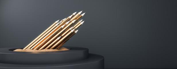Aufkleber - Many or bunch of pencils on abstract wide black background with mock up place. Education, student, leadership and stationery concept. 3D Rendering.
