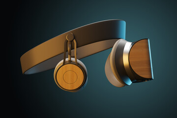 Aufkleber - Side view on stylish VR headset with earphones on dark wallpaper, virtual reality concept. 3D rendering